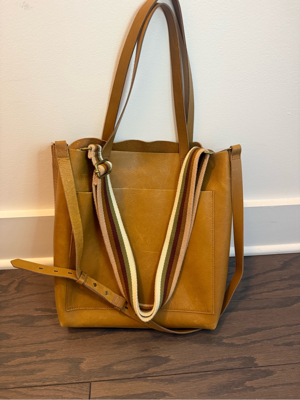 Madewell Mustard Tan Leather Tote with Striped Removable Strap